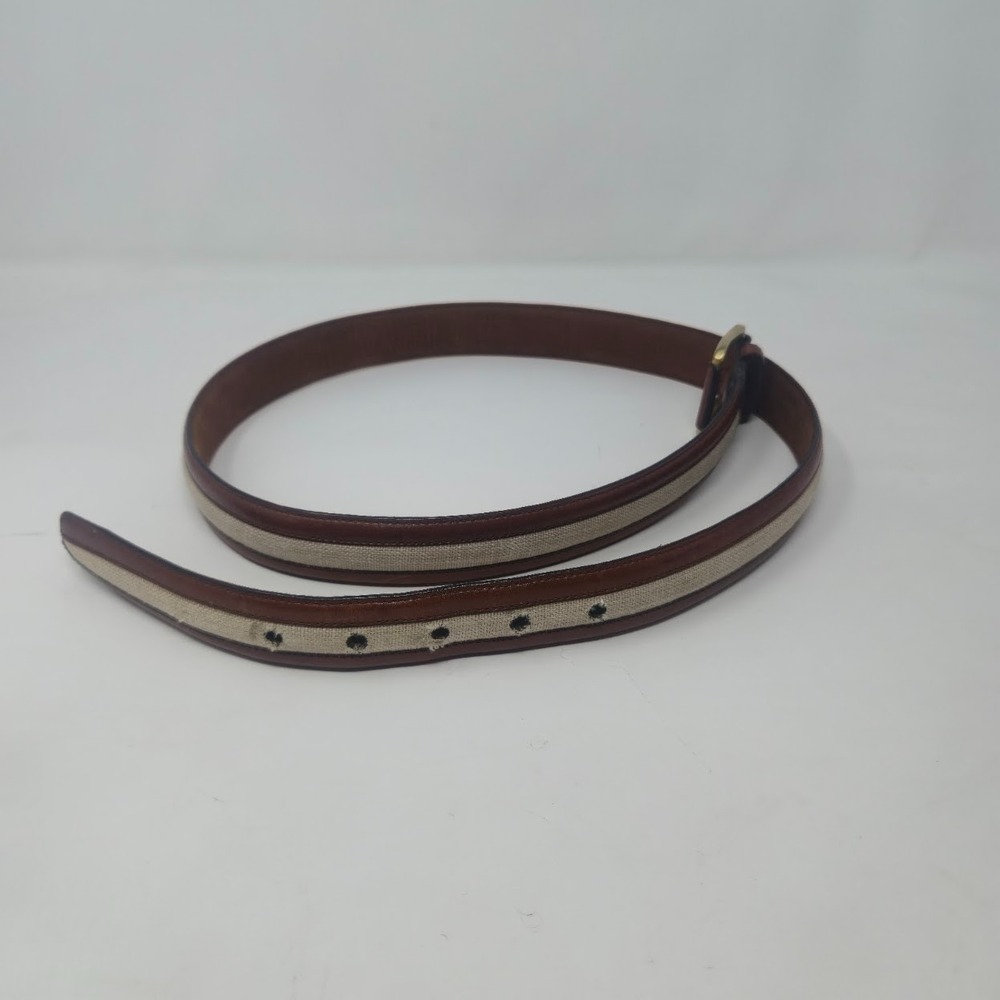 AS IS Saks Fifth Avenue Belt 38 M-3832 Spain Brown Leather Linen - MISSING PRONG - Picture 12 of 12